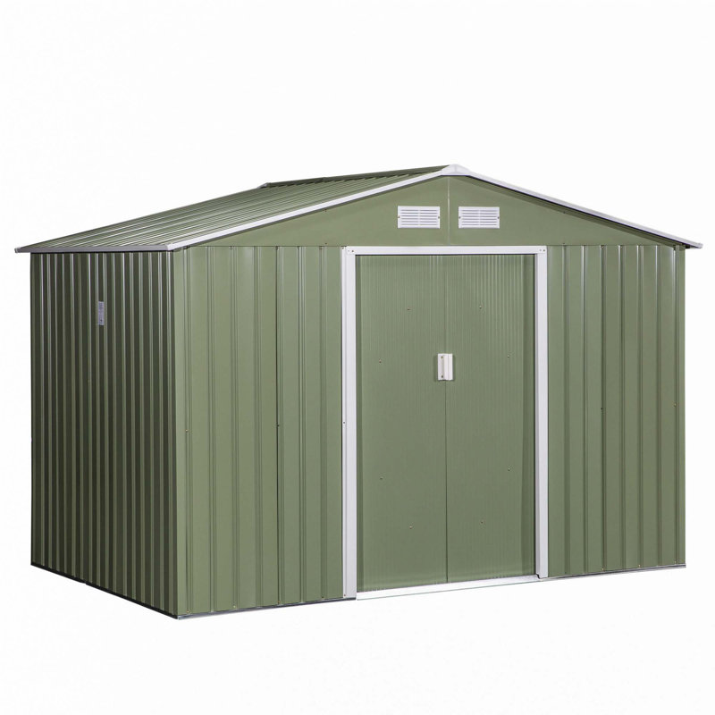 Remise de rangement extérieure 9 pi x 6 pi, maisonnette de jardin avec fondation, 4 évents et 2 portes coulissantes faciles pour la cour, le patio, le garage, la pelouse, vert