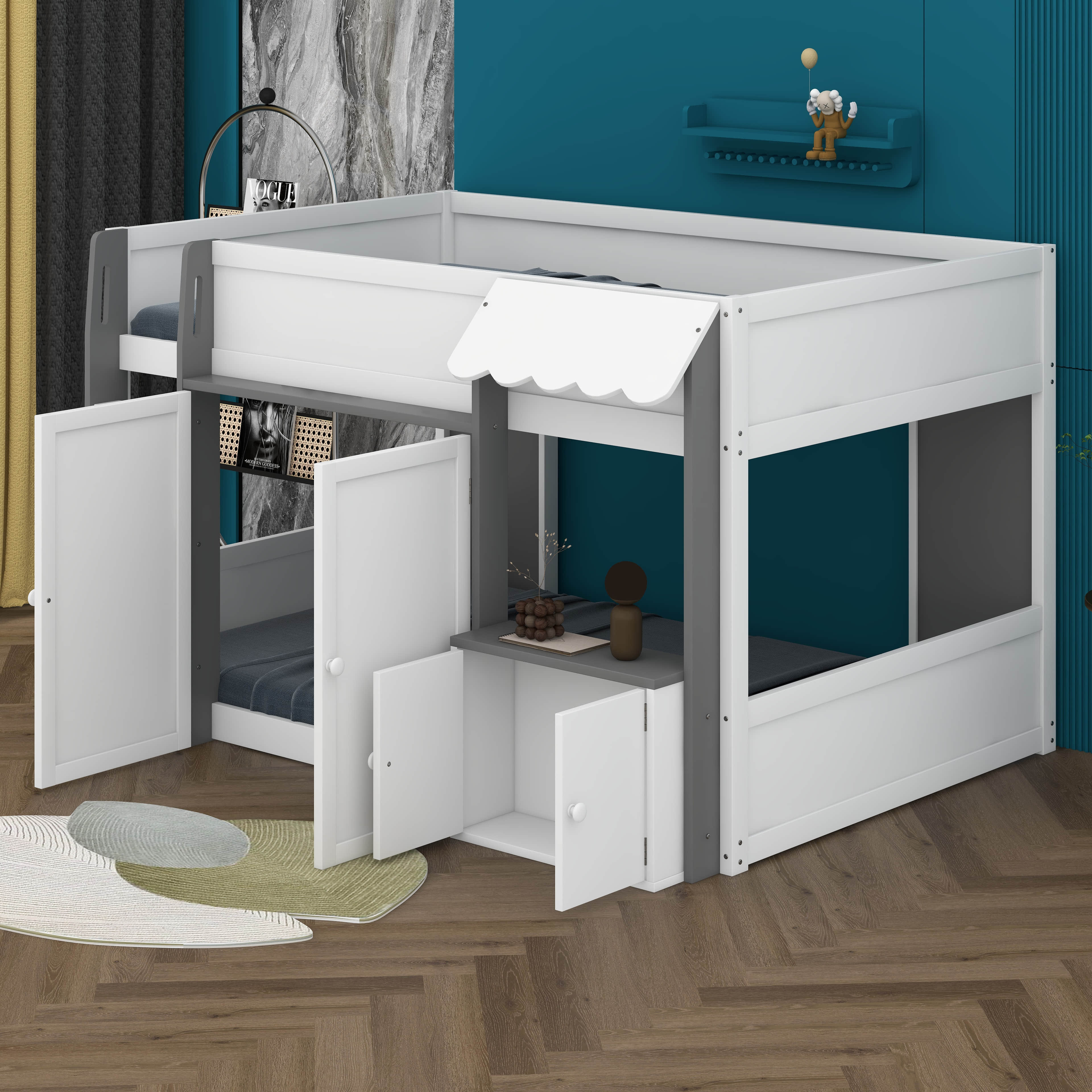 Ebern Designs Full Size House Loft Bed With Playhouse, Wood Cabin Bed ...
