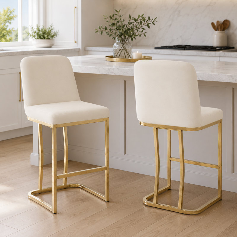 Set of 3 Upholstered 24'' Height Counter Stools With Metal Frame, Cream, 3 Pieces