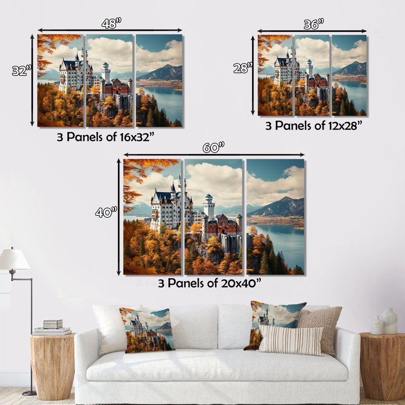 Château allemand sur toile, 3 pièces, H 28 po x l 36 po x P 1 po