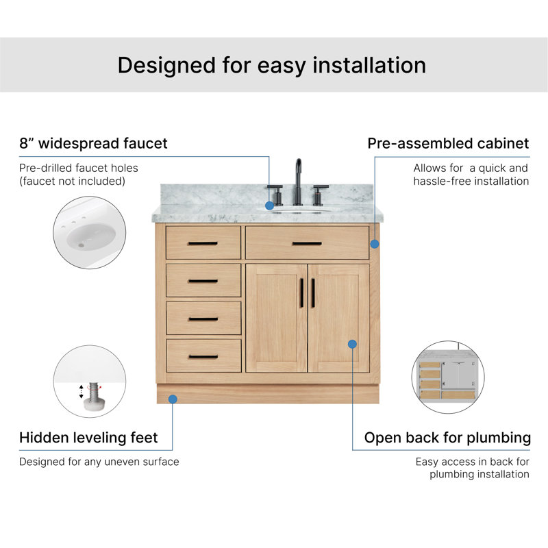 Meuble-lavabo simple en bois massif Tidworth de 42 po avec plateau en marbre de Carrare de 1,5 po, Oui, Ovale, Chêne naturel