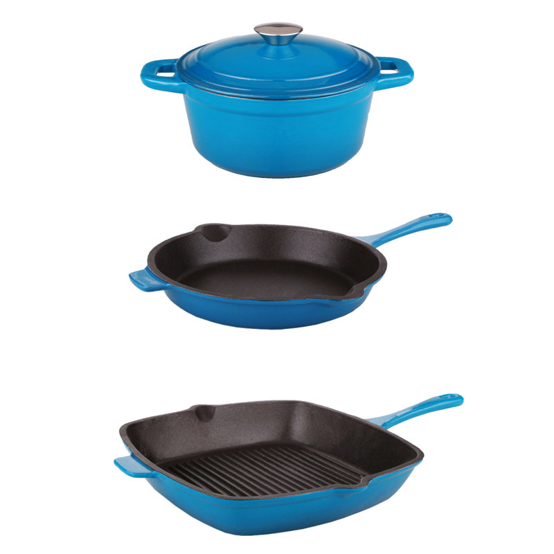 BergHOFF Neo 4Pc Cast Iron Set Grill Pan, Fry Pan & 3Qt Dutch Oven, Blue