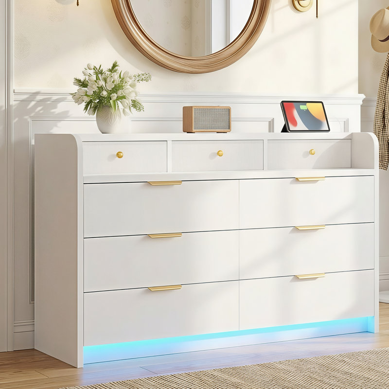 6-Drawer Dresser with RGB LED Lights & Charging Station, White Linen Texture Chest of Drawers, White