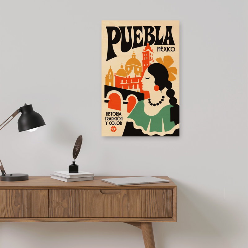 Retro Puebla Mexico Travel Colorful Retro Traditional Architecture City Wall Art Print 1 Piece Wrapped Canvas Wall Art