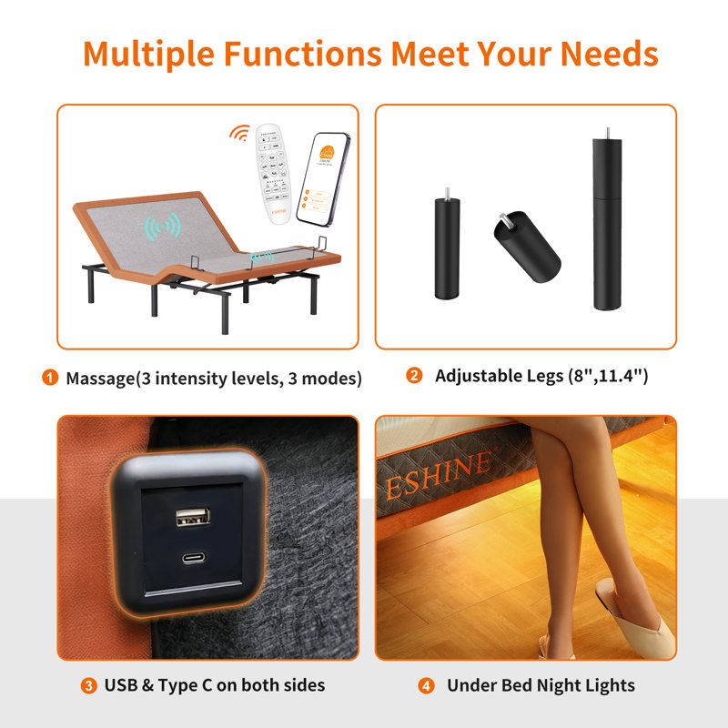 Lit réglable avec massage, télécommande sans fil, contrôle des applications, gravité zéro, éclairage sous le lit, ports USB et de type C des deux côtés