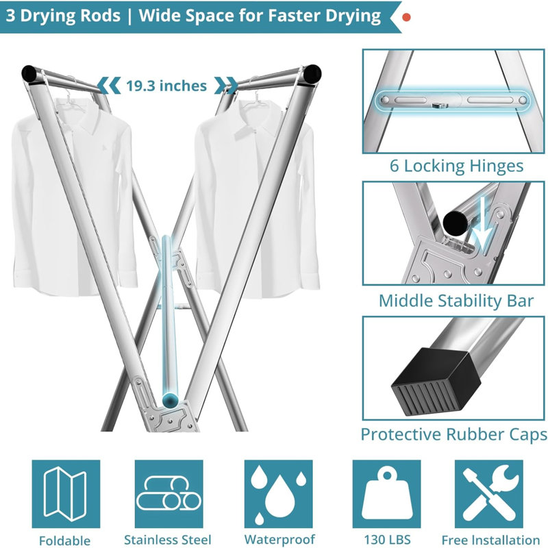 Séchoir à vêtements de 79 pouces, séchoir à vêtements pliant pour l'intérieur et l'extérieur, support à linge robuste en acier inoxydable, grand support à vêtements pliable et portable avec 20 crochets coupe-vent