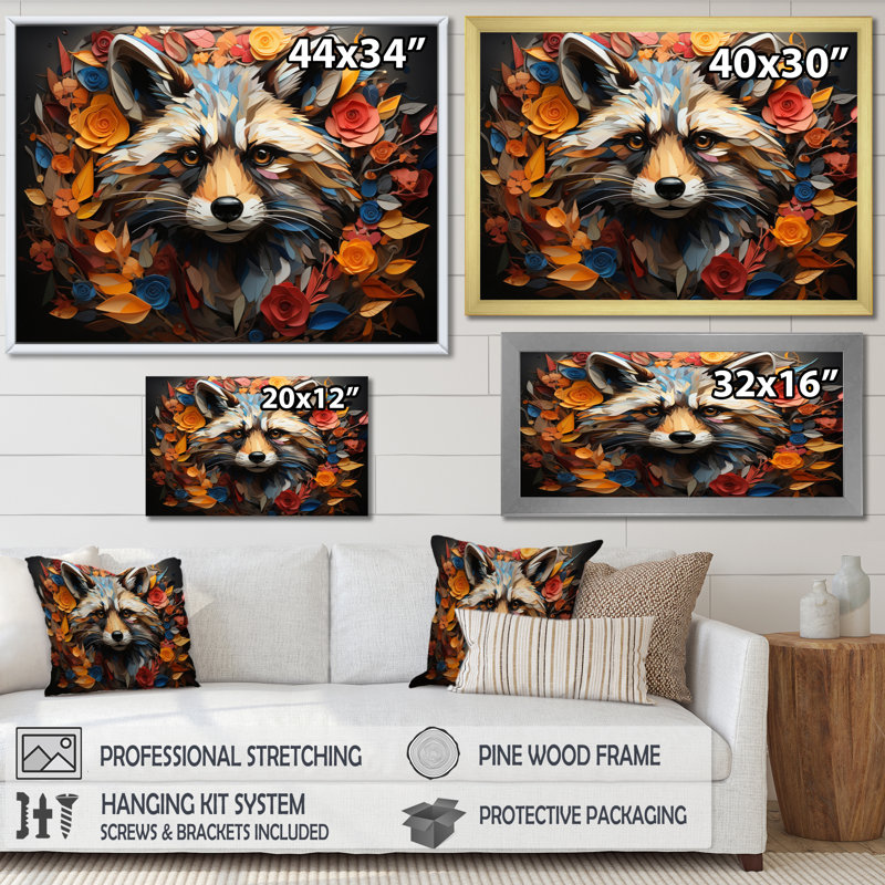 Curious Raccoon Collage IV - Animals Wall Art Prints, H 30 po x l 40 po x P 1,5 po, Toile tendue