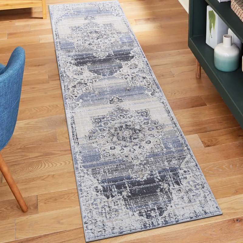 2X8 Loom & Area Rug, Cream/Blue Medallion, Non-Shedding And Stain , Creates A Chic Atmosphere In Living Room, Bedroom, Dining, Home Office Collection Rug 2X8, Transforms