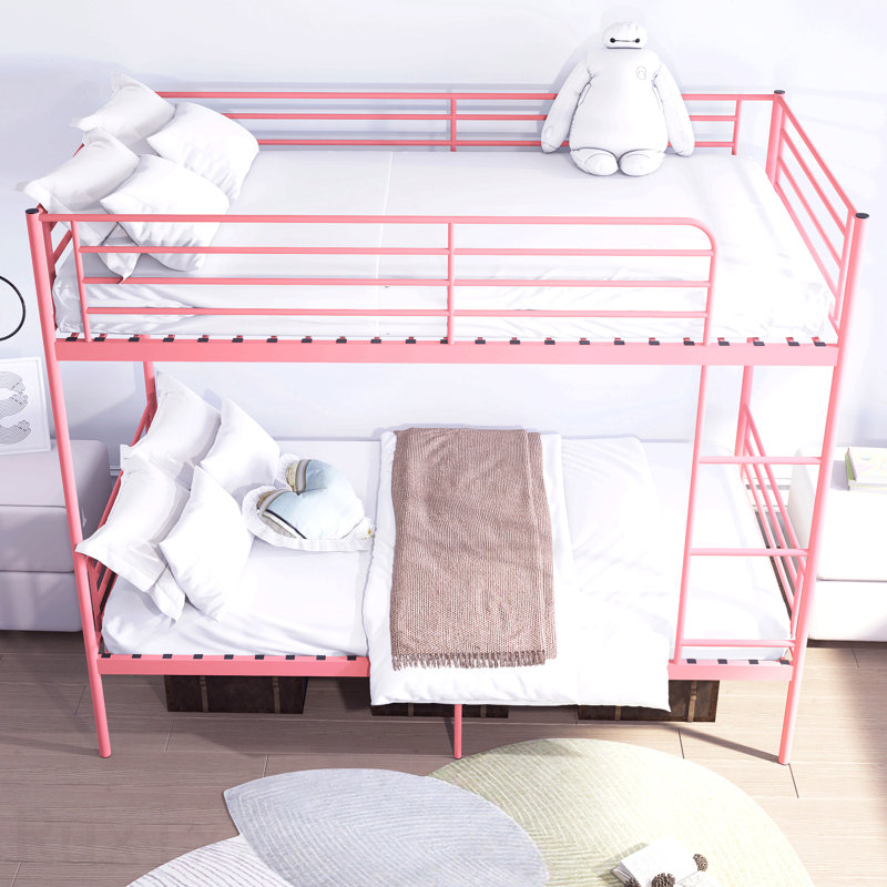 Lit superposé avec échelle et garde-corps haut, capable de se diviser, lit superposé en métal, espace de rangement, silencieux, taille simple sur simple, rose