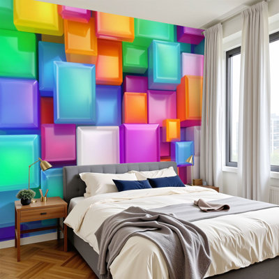Boho Peel and Stick Wallpaper Colorful 3D Geometric Rectangles Abstract Glossy Gradient Wall Murals 100"H x 144"W Removable PVC Wall Paper Self-Adhesive Wall Decor for Nursery Classroom Kids Bedroom Living Room