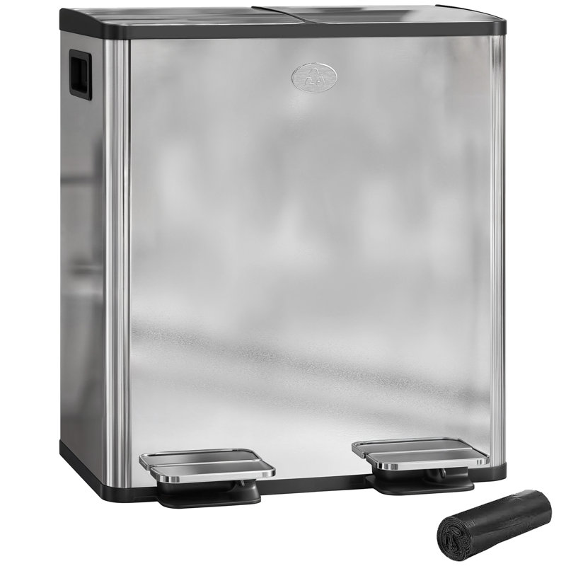  2 x 20L Dual Rubbish Bin Pedal Bin for Recycling and Waste, Gold Tone, Silver