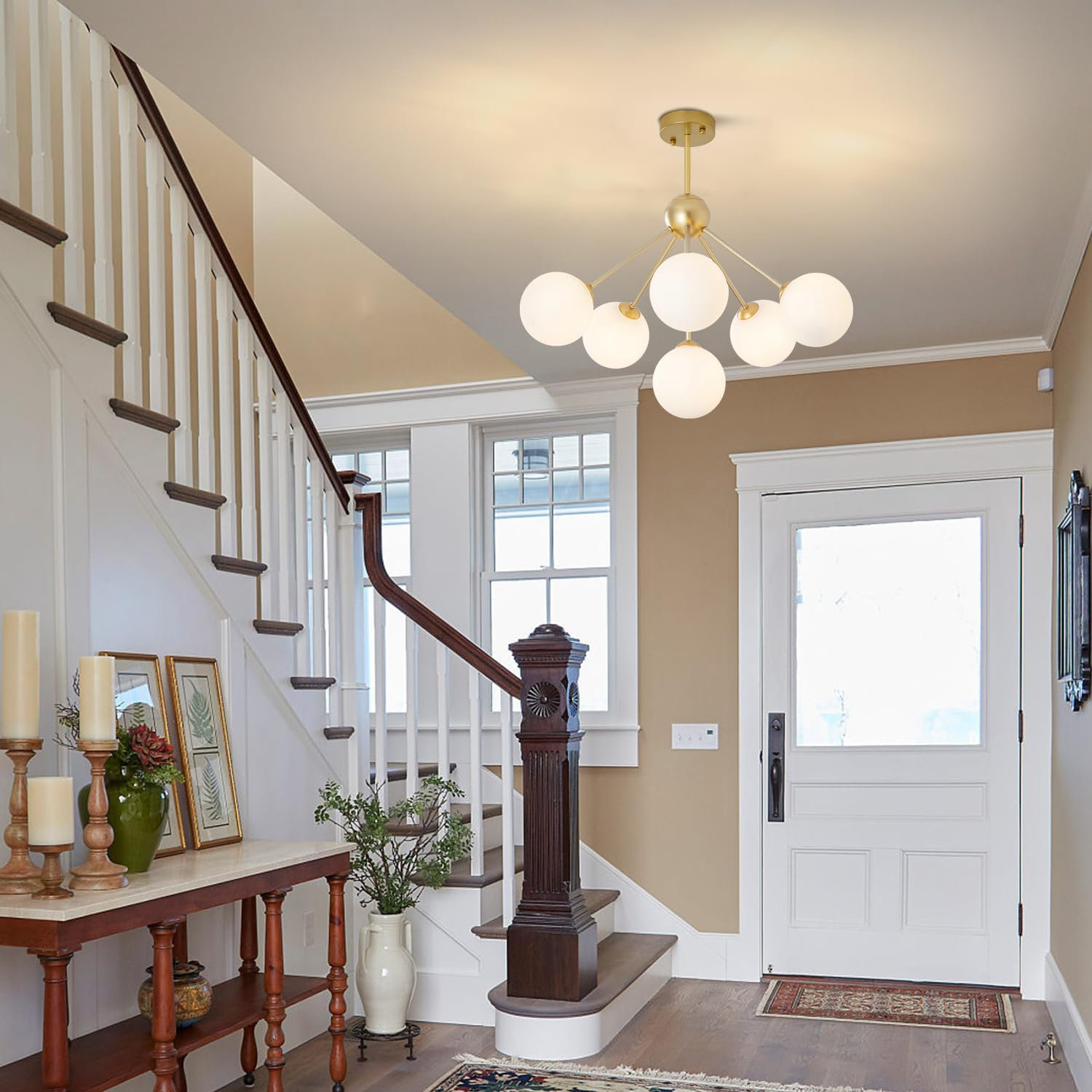 Everly Quinn Lighting Modern Sputnik Chandelier With Frosted White Glass  Globes, Gold Flush Mount Ceiling Light For Foyer, Hallway, And Entryway |  Wayfair, image size:1500x1500