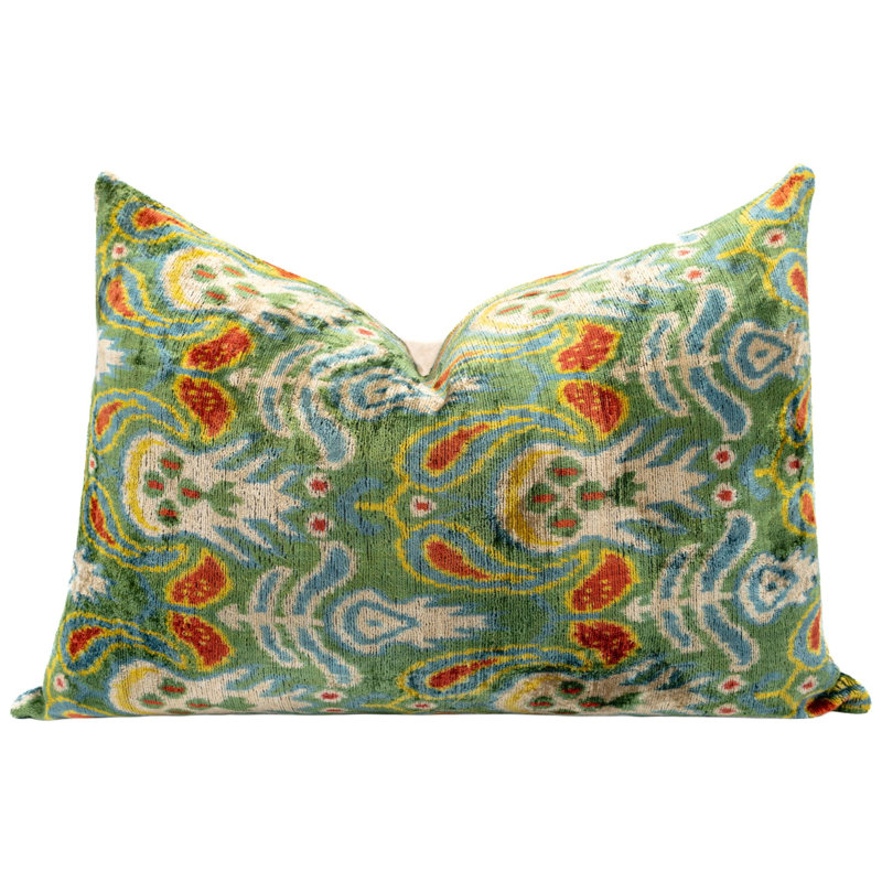 Velvet Lumbar Pillow Cover & Insert, Green/Red/Blue Paisley 2