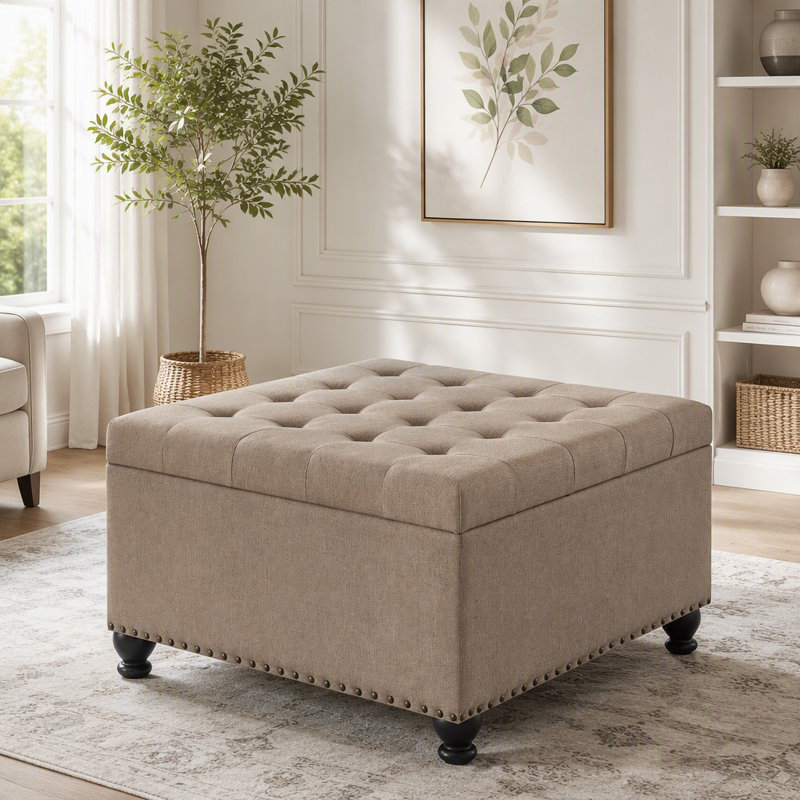 Pouf de rangement carré avec garnitures cloutées, Mélange de lin de couleur naturelle