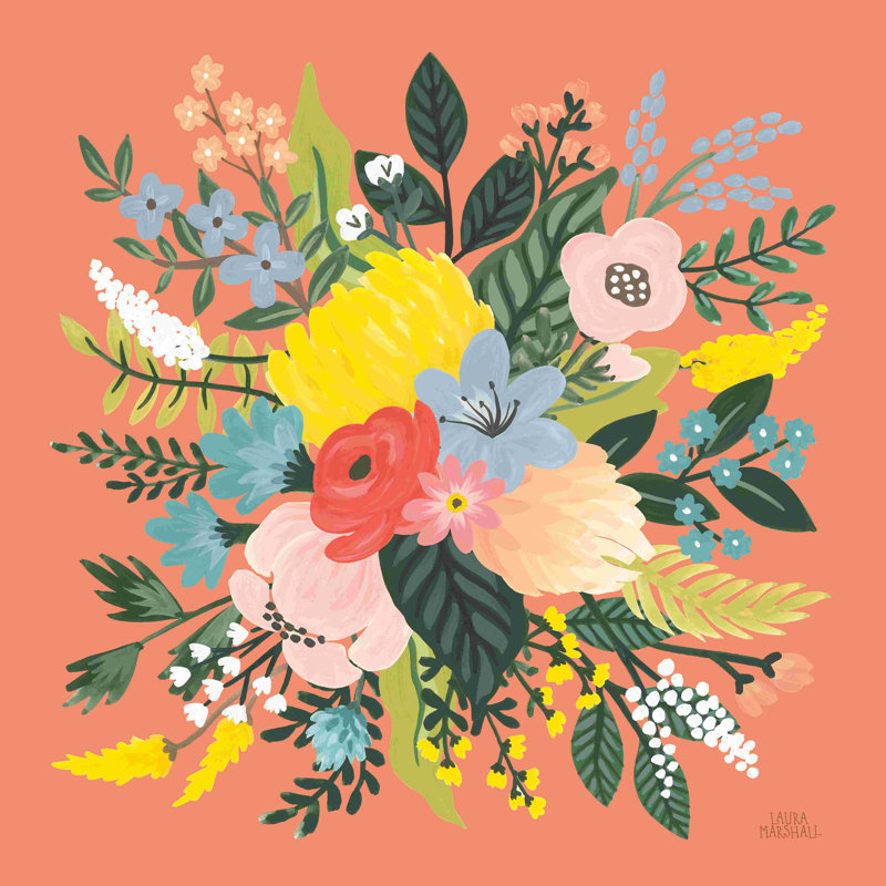 «Wild Garden» par Laura Marshall - peinture sur toile tendue, H 20 po x l 20 po, Non, Papier avec cadre blanc