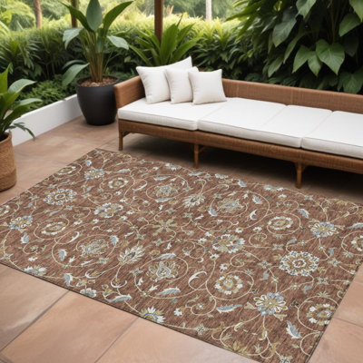 Tapis intérieur / extérieur brun lavable ivoire et gris 10 pi x 14 pi