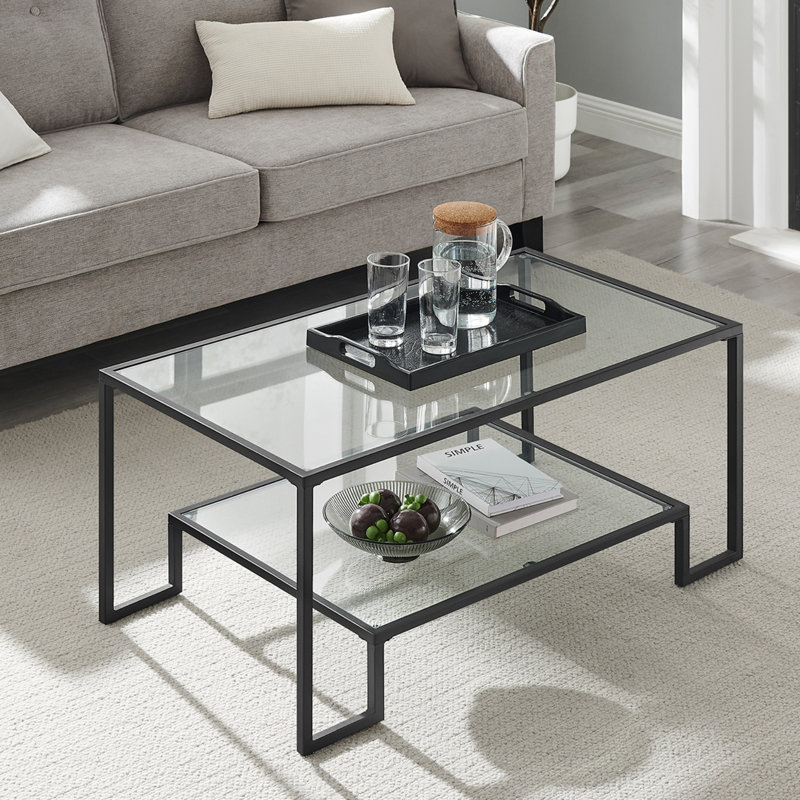 Nancy 39.4" W Rectangle Glass Top Coffee Table with Storage, Black