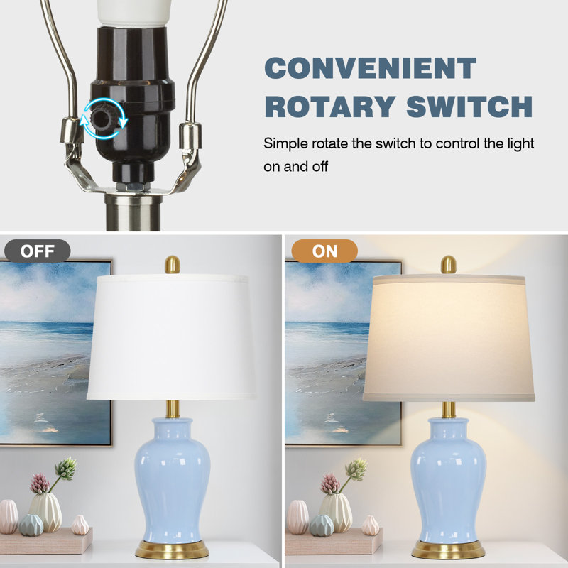 23" Ceramic Ginger Jar Table Lamps with White Fabric Shades & LED Bulbs, Blue/Gold
