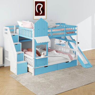 Lit superposé double de style château, lit superposé en bois avec 2 tiroirs et 3 tablettes, cadre de lit avec glissière et escalier de rangement