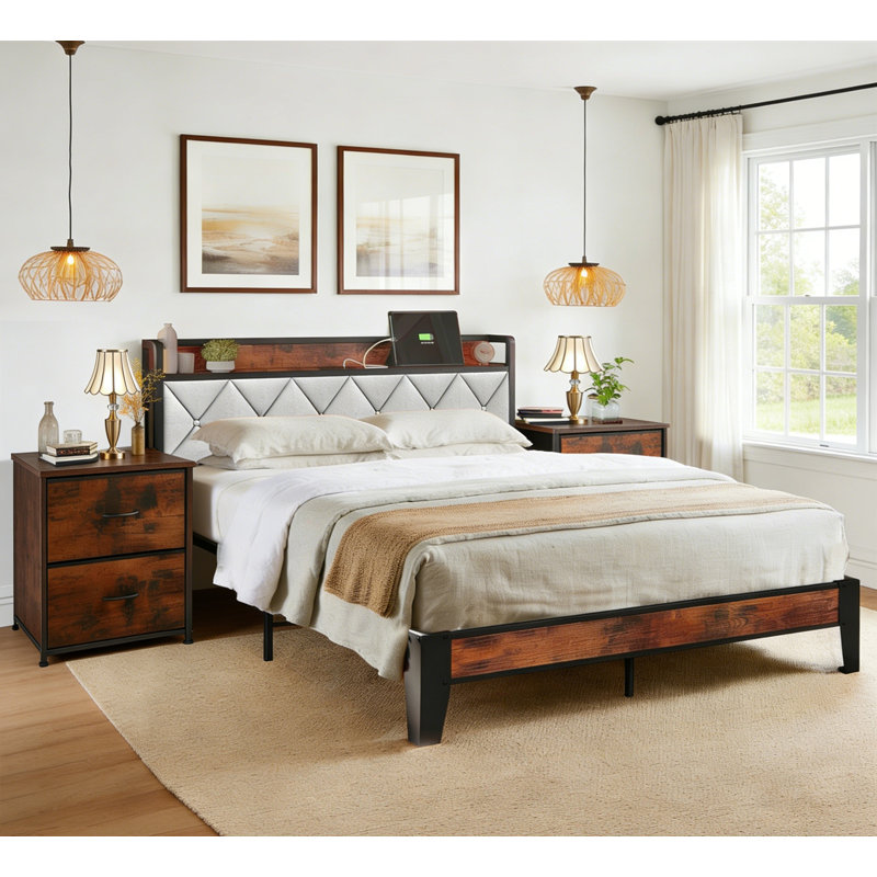 3-Piece Platform Bed Frame With Storage Headboard And Charging Station, Metal Bed With Nightstand Set Of 2, No Box Spring Needed