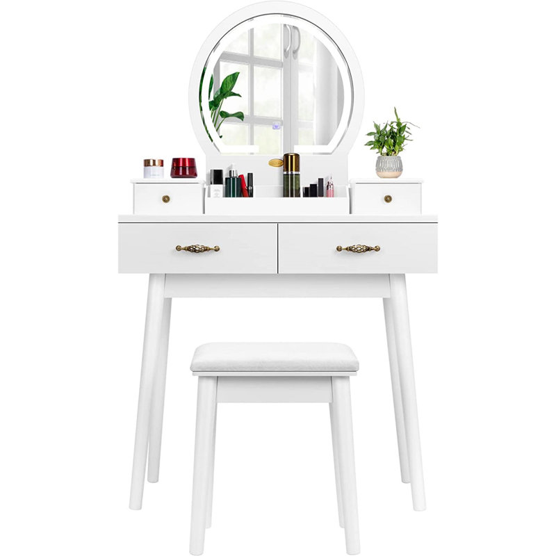 Gaisa White Vanity Set with Lighted Mirror, Makeup Dressing Table and Padded Stool, White