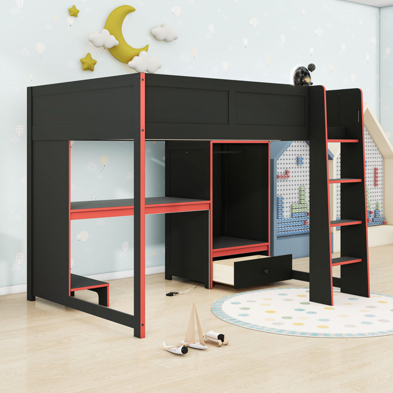 Lit mezzanine avec bureau, garde-robe, DEL et rangement Gaming, Double