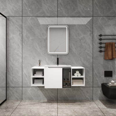 Wall-Mounted Bathroom Vanity With Ceramic Sink, 2-Soft Close Doors, Glossy White Vanity & Grey Glass 1/2 Door, 2Xsmall Storage Shelves(KD-Packing)