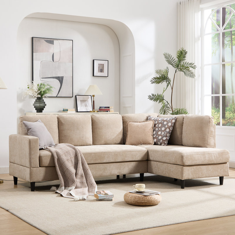 95" Upholstered L Shaped Sofa Modern Sectional, Khaki Chenille