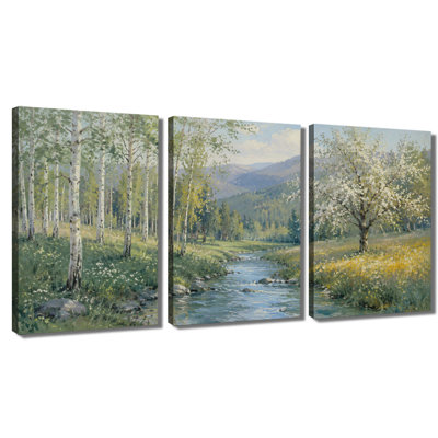 3 panneaux muraux Birch Forest Mountain Stream, reproduction d'art sur toile tendue
