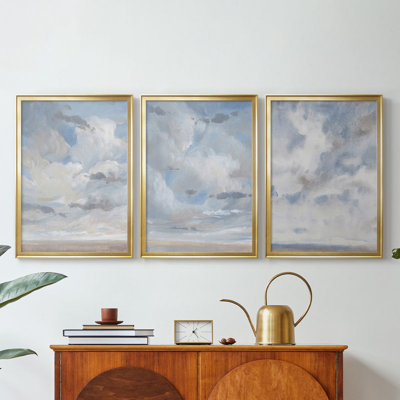 Bleu ciel I - Toile tendue avec châssis sur mesure - 3 pièces, H 21 po x l 30 po, Doré