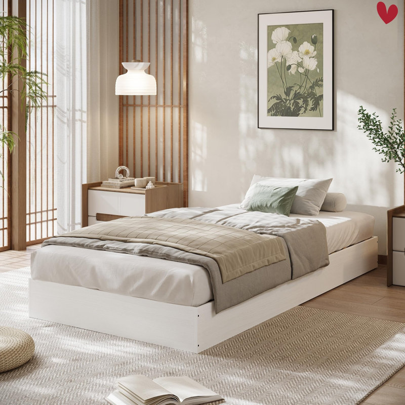 Wood Platform Bed w/ Sturdy Wooden Slats, Floor-Standing Bed Frame, Modern Minimalist Design Space-Saving Bed Frame, No Box Spring Needed