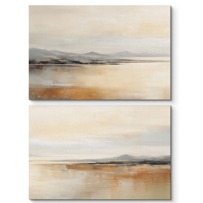 Minimal Landscape Calm Lake Waters and Distant Mountains Rustic 2 - Pièces, Toile tendue, H 16 po x l 24 po