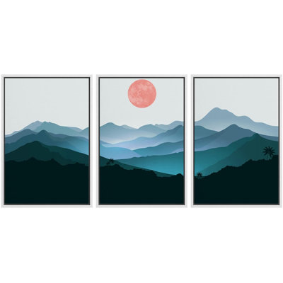 Abstract Mountain " Navy Blue Nordic Style Theme Abstract Sun And Mountains Simple And Minimalist Landscape " 3 - Pieces
