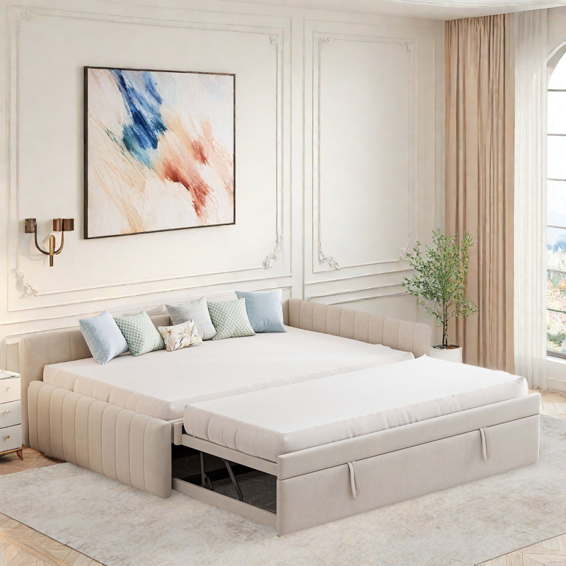 Upholstered L-shaped Daybed With Pop Up Trundle And Vertical Stripe Patterns, Beige