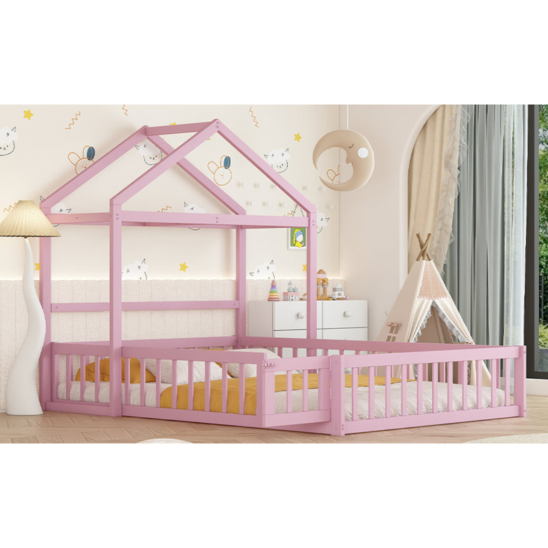 Lit en bois avec rampes et tête de lit détachable en forme de maison, lit double avec support pour enfants, structure de maison de jeu de style Montessori pour filles, rose