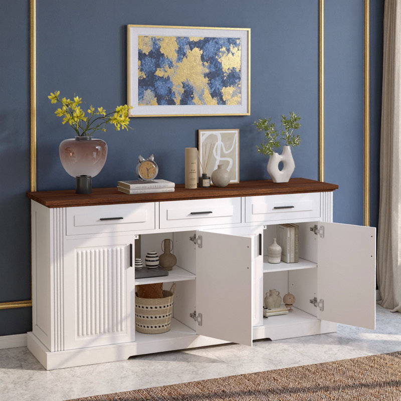 Buffet 63 "cannelé avec bar à café, 4 portes et 3 tiroirs - Buffet de cuisine pour la salle à manger, rangement dans l'entrée