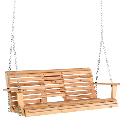 Balancelle de patio en bois 3 places, banc de patio avec table basse pliante, porte-gobelets et chaînes inclus, capacité de poids de 440 lb