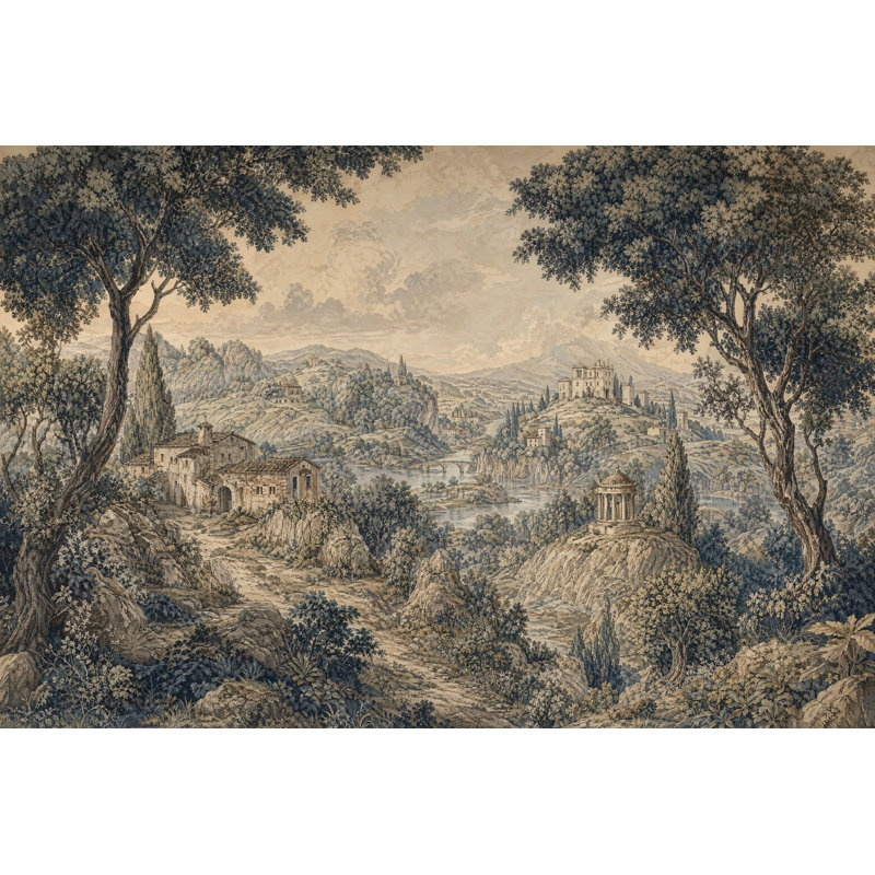Papier peint rétro paysage sépia campagne, Non tissé, 200 po x 120 po