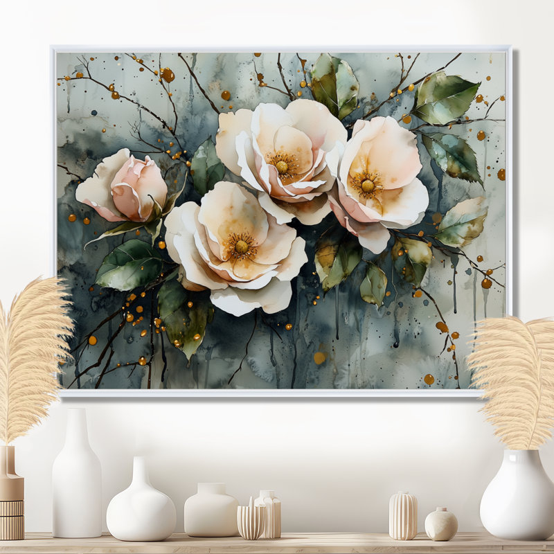 Indasha - art mural floral, H 12 po x l 20 po, Impression encadrée flottante, Blanc