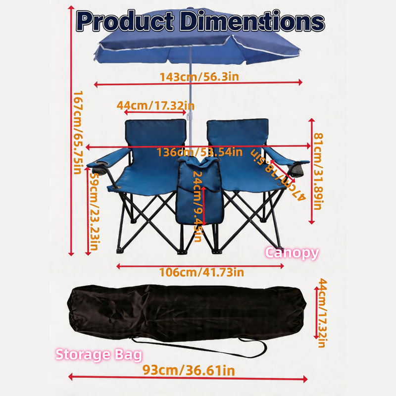 Folding Outdoor Chair Set for 2 with Umbrella for Beach Lawn and Camping