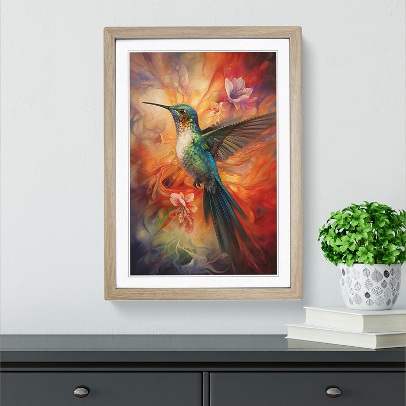 Hummingbird Contemporary Art - Framed Print, Oak, 34cm H x 25cm W x 2cm D
