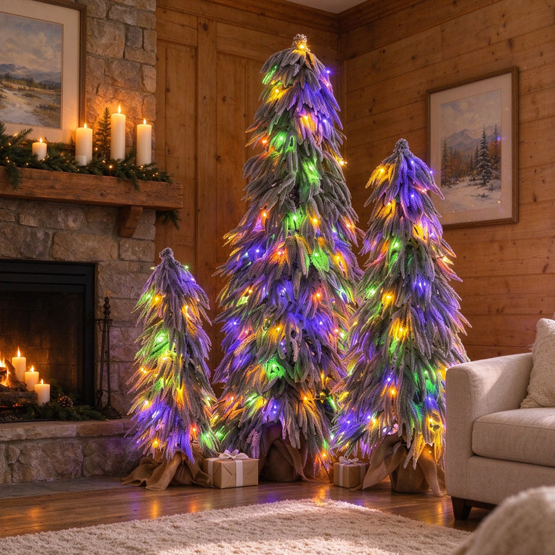 Ensemble de 3 sapins de Noël artificiels pré-illuminés et floqués – Sapins crayon artificiels de 90 cm / 135 cm / 180 cm avec 235 lumières DEL blanc chaud et multicolores, 11 modes d'éclairage et base en pot rustique en toile de jute – Décoration de Noël peu encombrante pour le salon, l'entrée et le porche