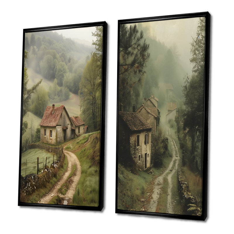 Ensemble de 2 pièces d'art mural vert paysage vert, H 28 po x l 24 po, Cadre flottant noir