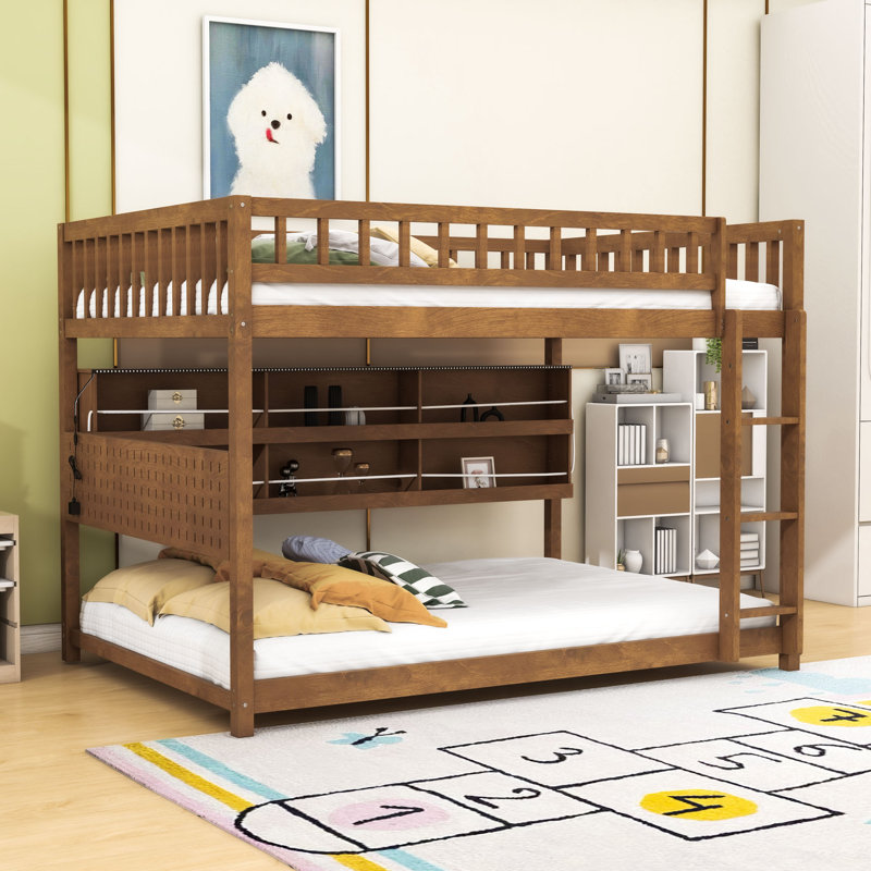 Lit superposé double au-dessus de double avec bande lumineuse, tablettes et panneau perforé, Brun