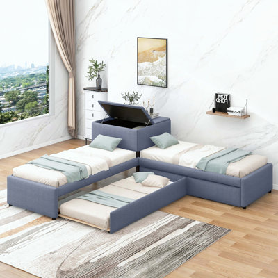 L-Shaped Upholstered Platform Bed with Trundle, Drawers, and Built-in Desk