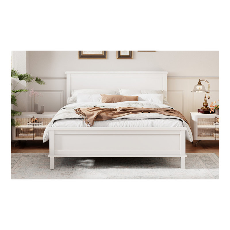 Mid-Century Wood Platform Bed With Headboard And Wood Slat Support, No Box Spring Needed, Full Size, White, Full