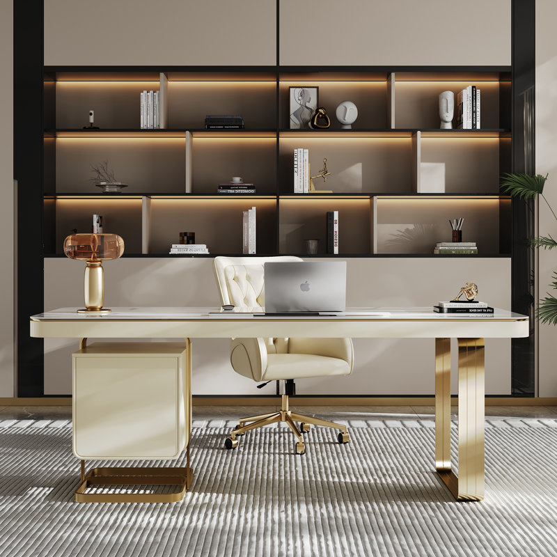 Keisler Luxurious Stone Office Executive Desk with Storage for Computer, 29.5" H x 70.8" W x 27.5" D