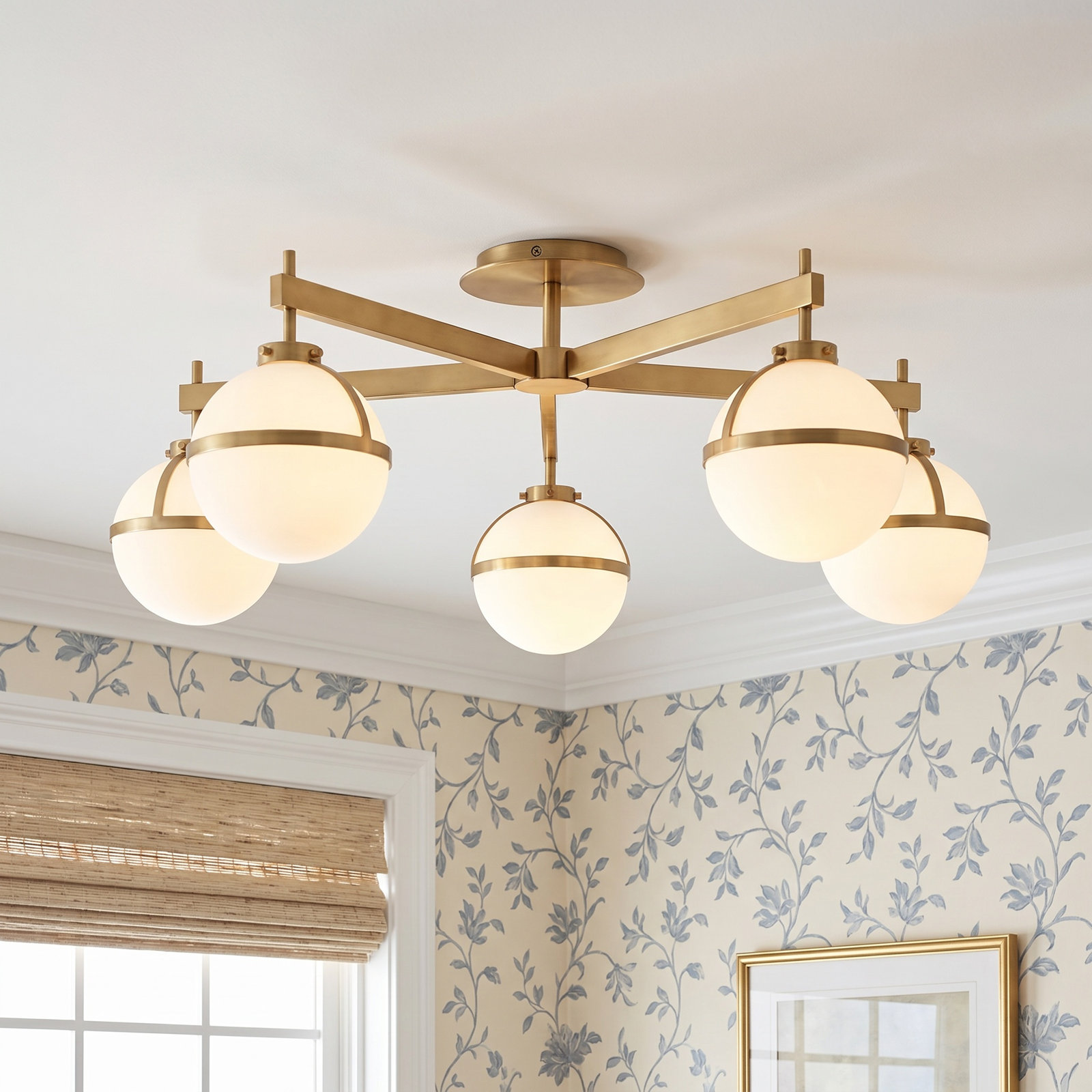 5 Light Glass Semi Flush Mount, Heritage Brass