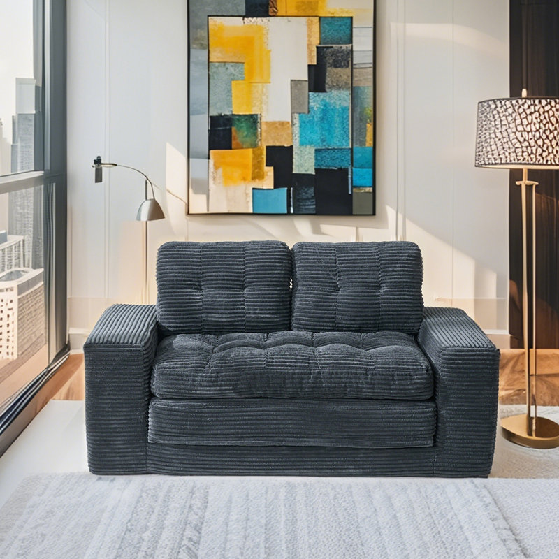Lit convertible de 21 pouces en velours côtelé avec mousse à mémoire de forme, cadre en acier, compact pour salon et petits espaces, noir, antidérapant, idéal pour la maison ou le bureau
