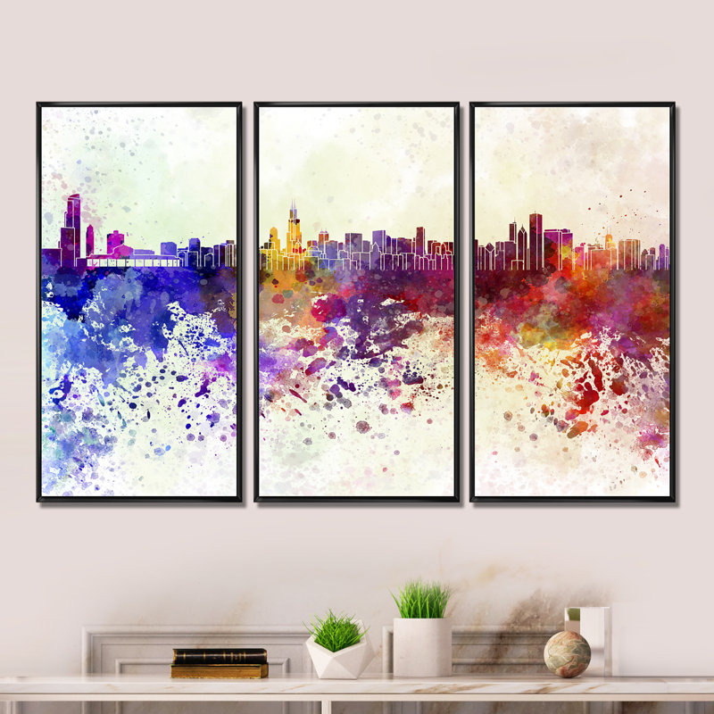 Chicago Skyline - 3 pièces, peinture sur toile à cadre flottant, H 20 po x l 36 po, Noir